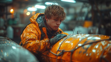 A dedicated young man with long hair in an orange raincoat and gloves inspecting a large metallic tank in a dimly lit industrial workshop with equipment