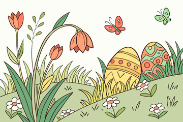 Easter colorful eggs on the green grass with flowers. Seasonal holidays in April.