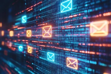 Abstract Digital Background with Colorful Mail Icons and Data Streams for Communication Themes