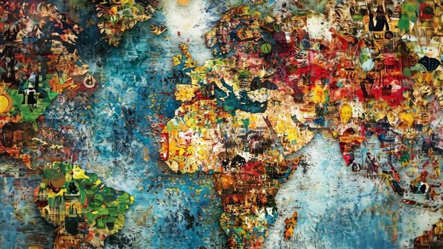 Colorful Abstract World Map with Cultural Elements and Textured Artistic Details on a Vibrant Blue Background