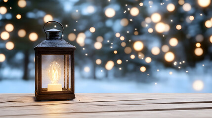 Illuminated lantern on wooden table, snowy winter scene, cozy atmosphere, ideal for Christmas or winter holiday greeting cards