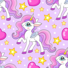Seamless pattern with white unicorns, hearts and stars on a pink background. For children's fabric design, wallpaper, backgrounds, wrapping paper, scrapbooking, etc. Vector