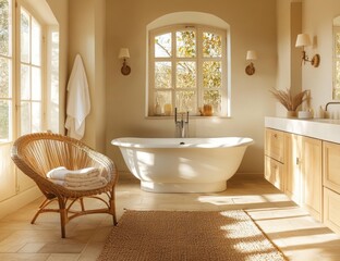 Sunlit bathroom with freestanding tub, wicker chair, and natural materials.