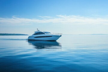Fototapeta premium Elegant White Yacht Sailing on Calm Blue Waters Under Clear Sky