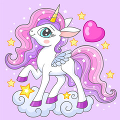 White unicorn with wings and rainbow mane. Magic horse Pegasus. Flat design. For children's design for prints, posters, cards, stickers, etc. Vector illustration.