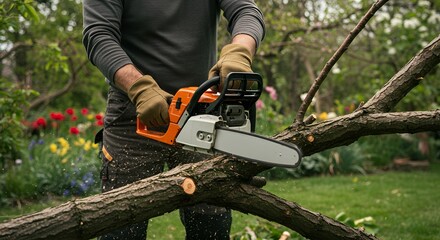 Obraz premium Man wearing work gloves and protective gear, sawing old tree branches, sharp detailed shot
