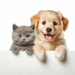 Obraz premium Cute Puppy and Kitten Looking Over White Banner