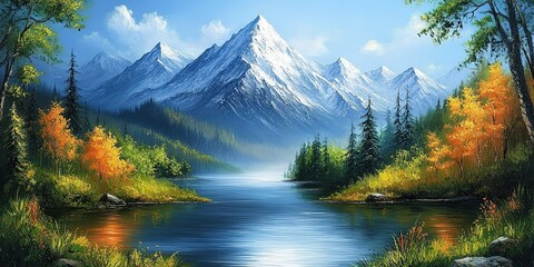 Obraz premium Majestic mountains reflect in serene lake during autumn with vibrant foliage and clear blue sky