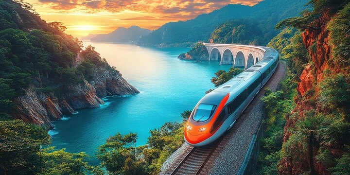 Scenic train travels along coastal cliffs at sunset in a breathtaking landscape