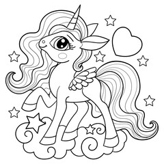 Cute unicorn. Black and white line drawing. Isolated on white background. For children's design of coloring books, prints, posters, cards, stickers, etc. Vector illustration