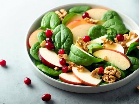Homemade spinach salad, apples, walnuts and cranberries. Mix salad leaves. Healthy food. Tasty diet fitness salad with spinach, apples, cranberry, walnuts. Proper nutrition.