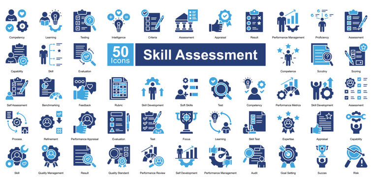 Skill Assessment icon set in two color style, featuring 50 icons of evaluation, proficiency, testing, and competency. Perfect for HR, education, career development, and performance reviews.