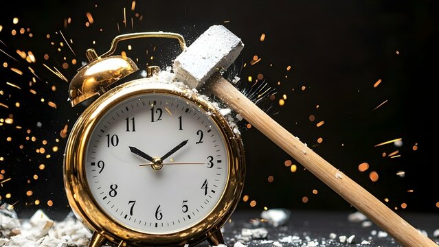 An alarm clock is being smashed by a hammer, creating sparks and debris. Concept Destruction of Alarm Clock, Hammer Impact, Flying Sparks, Debris Explosion, Captivating Action Shot