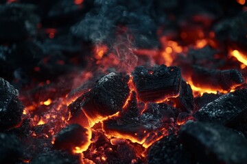 Glowing Charcoal Embers Surrounded by Smoke in a Darkened Environment