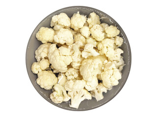 Overhead shot of a gray bowl brimming with fresh, cut cauliflower florets.  A clean, healthy, and vibrant image ideal for recipe blogs, cookbooks, or healthfocused websites.