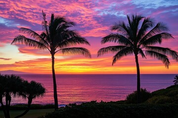 Breathtaking Sunset Over Ocean with Silhouette of Palm Trees in Tropical Paradise
