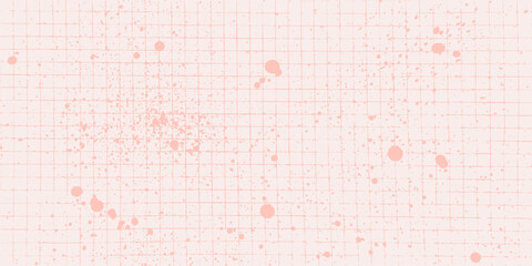 Pink pastel checkered paper sheet with scattered paint splashes and dotted stipple effect, grunge abstract background.
