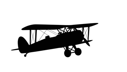 Biplane silhouette flying against a white background
