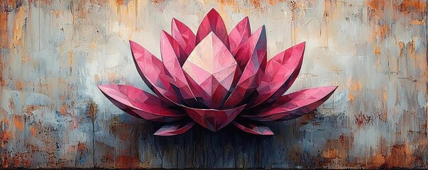 Geometric Pink Lotus Flower, Elegantly Designed With Rusty Texture Background, Symbolizing Serenity And Beauty In Nature, Ideal For Modern Home Decoration