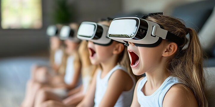 Children enjoying virtual reality experience in modern living room setting during daytime