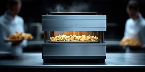 Popcorn maker in an industrial kitchen preparing fresh popcorn for a busy service during evening hours