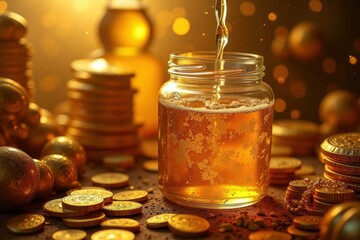 Jar is full of honey and coins on table