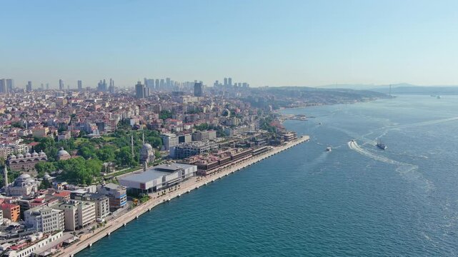 Istanbul, Turkey: Aerial view of famous Turkish city straddling Bosphorus Strait, summer day with clear blue sky - landscape panorama of Europe / Asia from above
