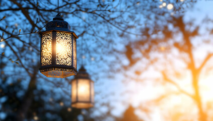 Illuminated lanterns hanging from branches at dusk, creating a warm, festive ambiance; ideal for Ramadan or religious celebrations