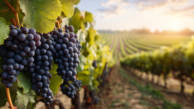 Vibrant vineyard with ripe grapes sunset, showcasing nature beauty
