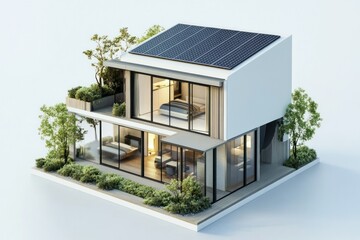 Modern Eco-Friendly Home with Solar Panels and Beautiful Landscaping in a Bright Setting