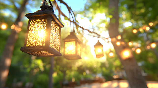 Illuminated lanterns hanging from tree branches in a sunlit garden, creating a magical atmosphere, perfect for wedding invitations or romantic event promotions