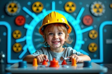 Little girl is wearing hard hat and playing with legos