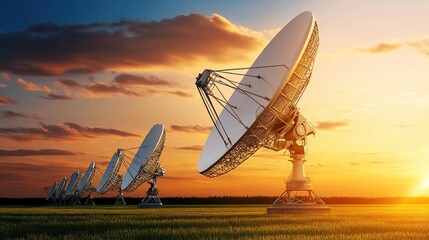 Satellite dishes in a field capture signals under a vibrant sunset sky enhancing global communication networks