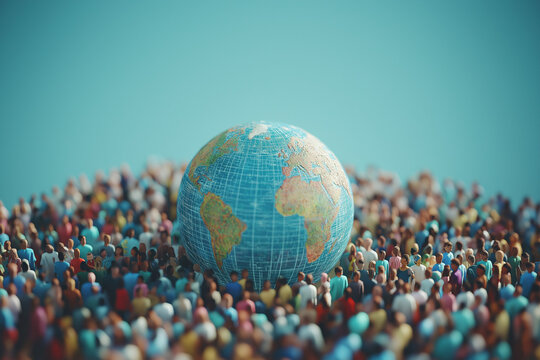 Globe Resting on Crowd of People, Blue Earth, Unity Concept, Diverse Figures, Serene Blue Background, Global Community, Hopeful Collective Vision