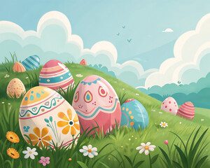 Easter eggs On a background of Green grass and Blue sky with clouds