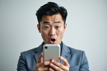 Man is looking at his cell phone while making surprised face