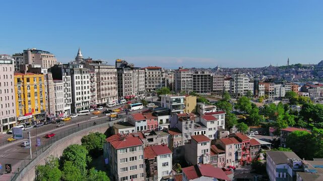 Istanbul, Turkey: Aerial view of famous Turkish city straddling Bosphorus Strait, summer day with clear blue sky - landscape panorama of Europe / Asia from above
