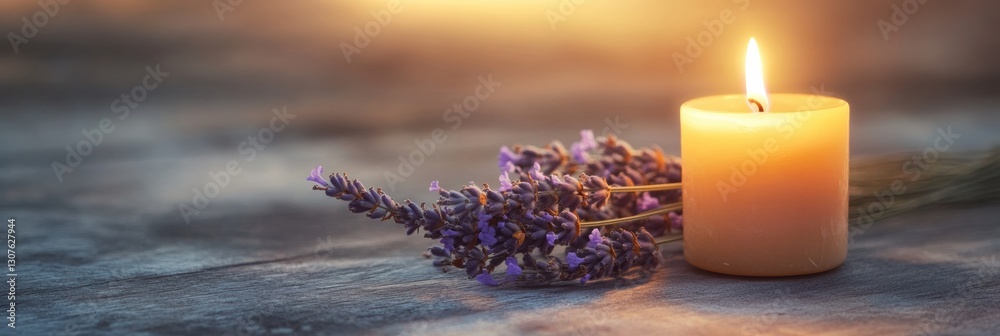 Poster cozy still life featuring a lavender sprig and a lit candle on a wooden surface generative ai