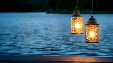 Illuminated lanterns hanging over tranquil lake at dusk; perfect for relaxation or serenity themes