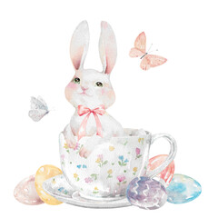 Easter bunny in white mug with floral pattern and painted eggs hand drawn watercolor illustration
