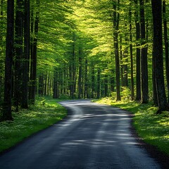 Fototapeta premium Road Winds Through Sunny Green Forest
