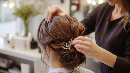 Fototapeta premium Caucasian female adult with elegant updo hairstyle featuring pearl hairpin in salon setting