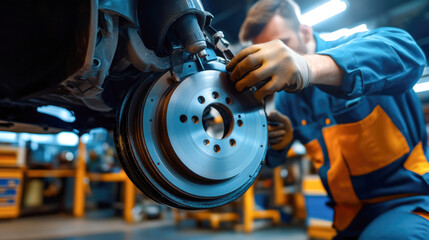 Caucasian male mechanic inspecting brake disc in auto repair shop