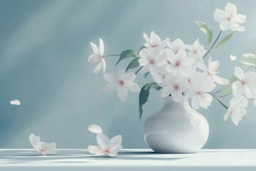 Obraz premium White Flowers in White Vase, Scattered Petals, Soft Blue Background, Serene Floral Concept, Minimalist Elegance, Peaceful Natural Beauty, Subtle Light