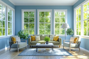 Fototapeta premium Sunlit living room with blue walls, green sofa, and large windows.