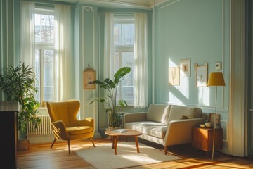 Fototapeta premium Sunlit living room with mustard armchair, beige sofa, and plants.