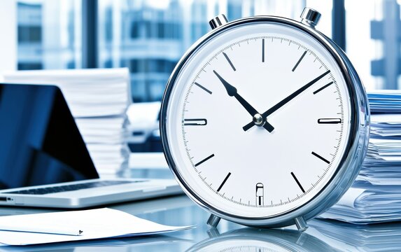 Close-up of a clock on a desk with papers and a laptop nearby, in a busy office, emphasizing time management in a professional setting