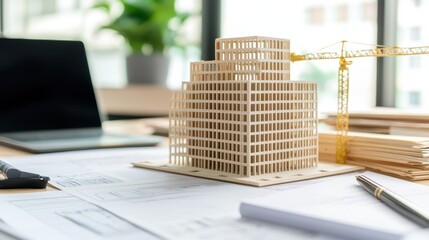 Close-up of a model building on a desk with business plans, in the background, blending architectural vision with corporate strategy