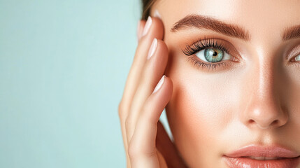 Fototapeta premium Close-up of young caucasian female with clear skin and blue eyes