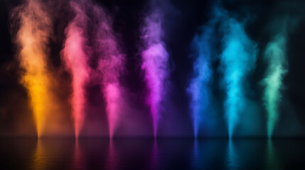 Fototapeta premium Colorful jets of rainbow steam spreading dynamically on a dark black background, vibrant and abstract, detailed misty texture, vivid color gradients transitioning seamlessly 